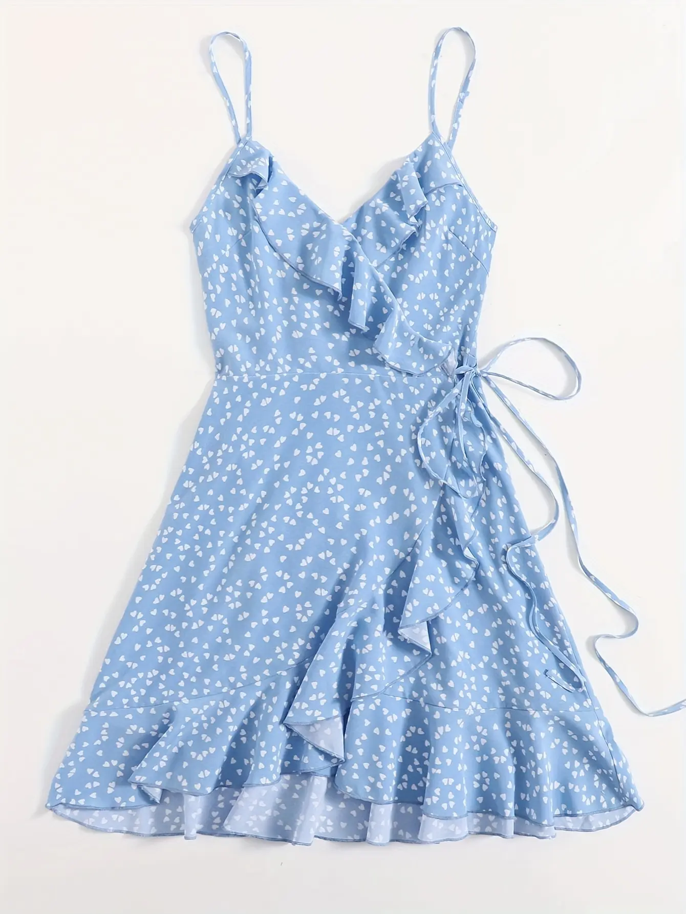 Sleeveless Heart Print Ruffle Cami Dress - Lace Up V Neck For Spring & Summer - Women's Clothing