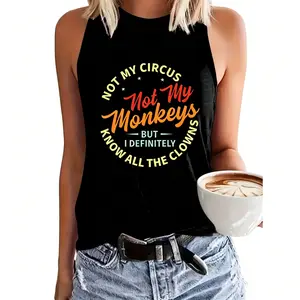 Women' Sleeveless Vest with Clown Print "Not Part of My Circus Monkey Suitable for Casual Casual Attire, Coffee Shop Outfits & Photo Shoots - Machine Washable Round Neck Blouse Style Top"