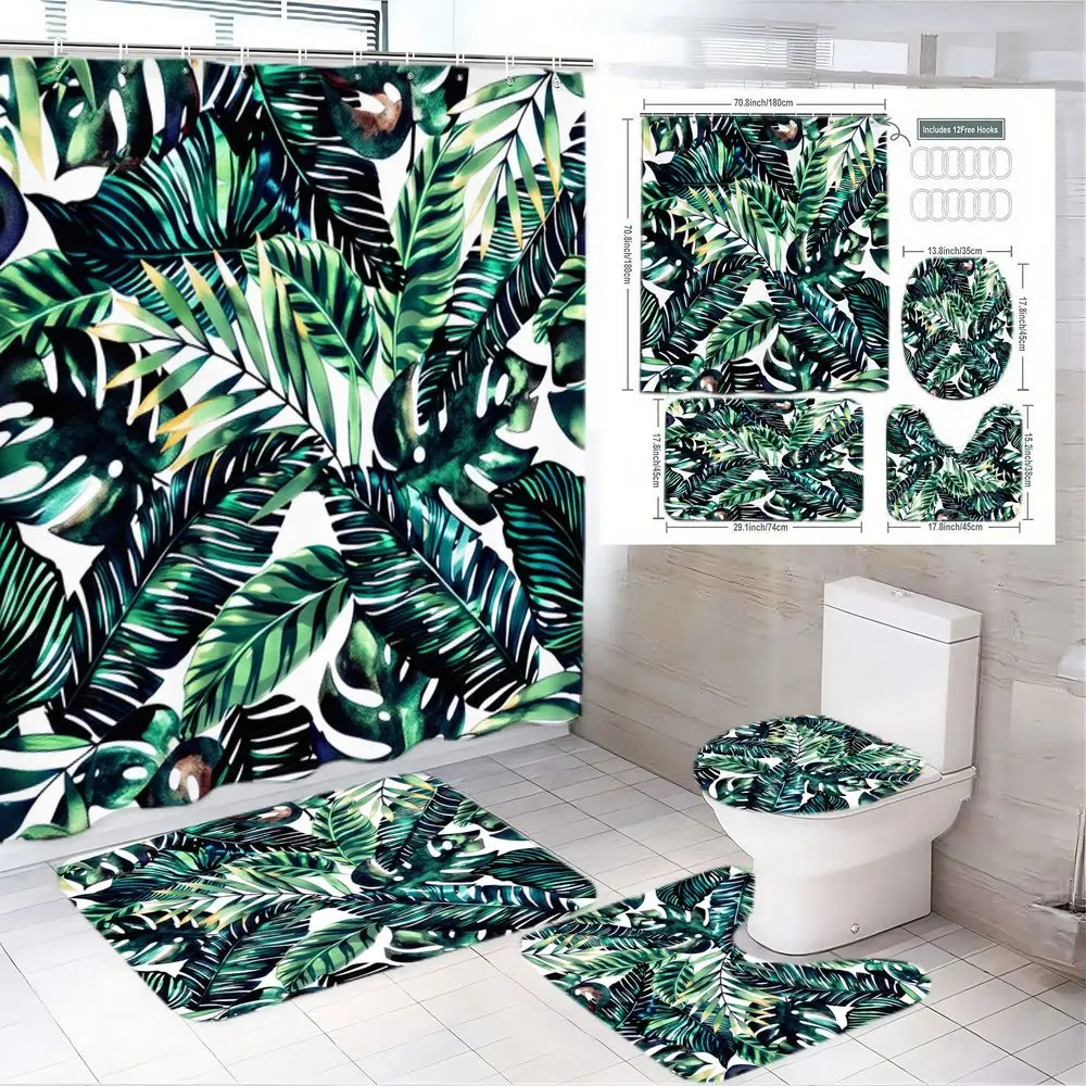 1/4pcs Tropical Leaf Shower Curtain Set - White with Green Palm & Monstera Leaves, Matching Bath Mats & Toilet Cover, Perfect for Spring/Summer Refreshment, Cozy Lush Bathroom Decor for Easter/Valentine's Day/Vacation Getaway