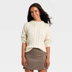 Women's Long Sleeve Round Neck Cable Sweater - A New Day