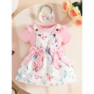0-1 Year Old Girls' Short-Sleeve Triangle Bodysuit + Suspender Dress Set + Headband Set, Butterfly Pattern Dress, Suitable for Summer Outdoor Activities, Birthday Parties, Family Gatherings, and Dance Occasions, Perfect for Outdoor