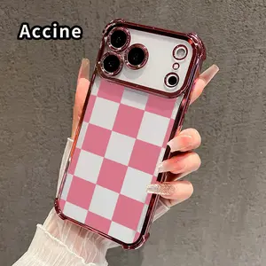 Phone Case for iPhone 17 16 Pro Max 15 Plus 14 13 12 11 E Air Pink Checkered Charm Four Corners Air Cushion Pattern Anti-drop Cell Electroplated Transparent Silicone Cover