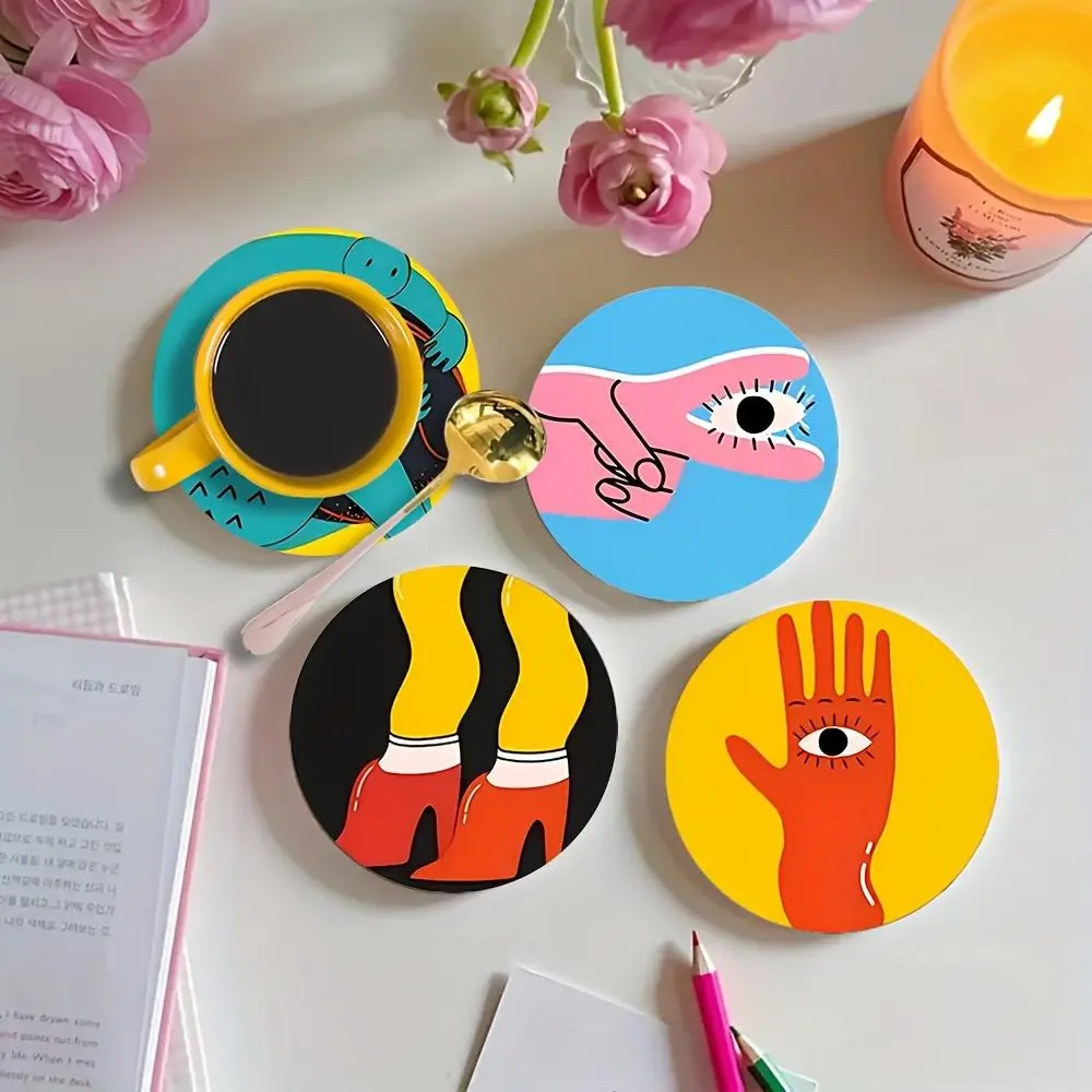 Abstract Cartoon Pattern Coaster, 6 Counts/set Heat Resistant Non-slip Wooden Coffee Cup Mat, Decorative Coaster for Home Kitchen Dining Room, Wood Coasters