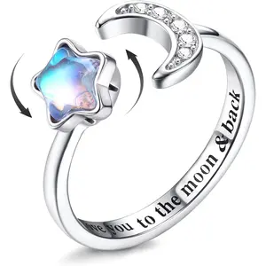 Florideco Trendy Fidget Ring for Women Kids Girls Anxiety Rings Open Adjustable Silver Sunflower Opal Moonstone Star Moon Snow Lotus Spinner Mood Rings Knuckle Rings Jewellery