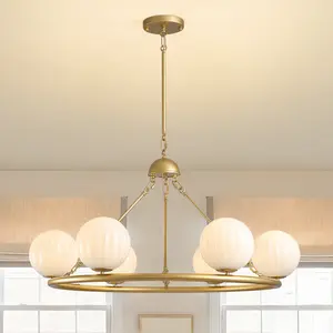 39.4" Light Round Chandelier with White Glass in Gold Dimmable Light Fixture Adjustable Height  Sutable for Bedroom,Foyer, Living Room, Stairs, Kitchen (not Includes Bulbs)