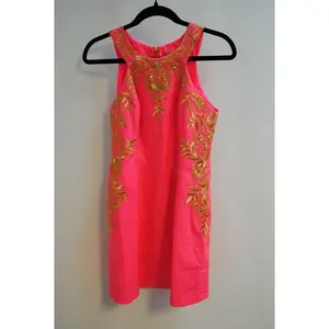 pink and gold Lilly Pulitzer Gold-Embroidered Shift Dress (, 2