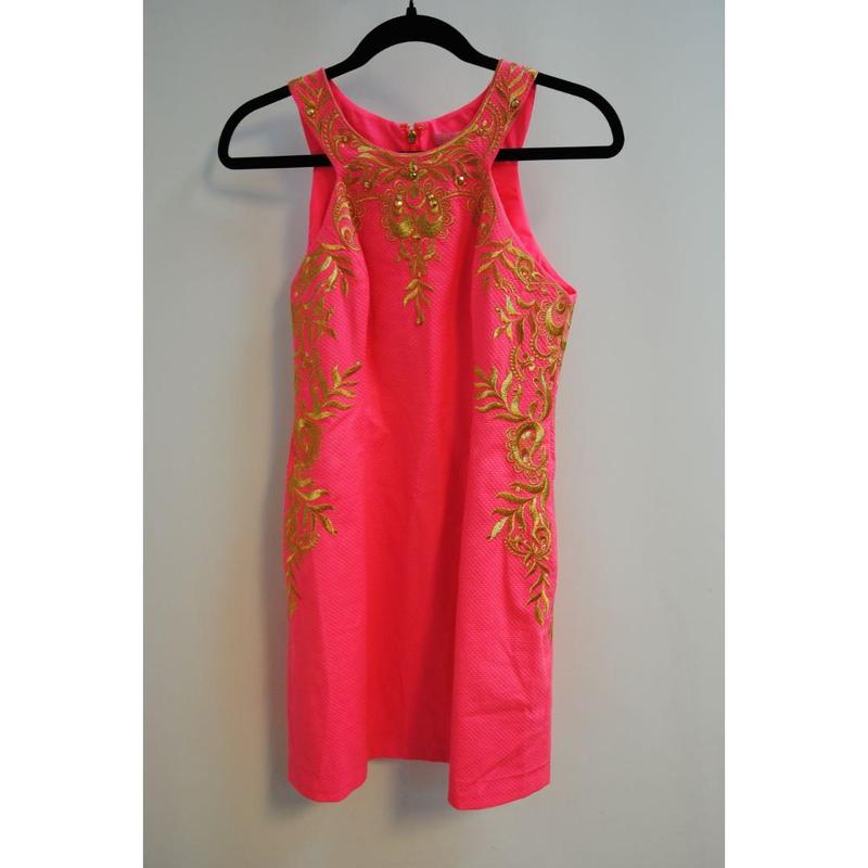 pink and gold Lilly Pulitzer Gold-Embroidered Shift Dress (, 2