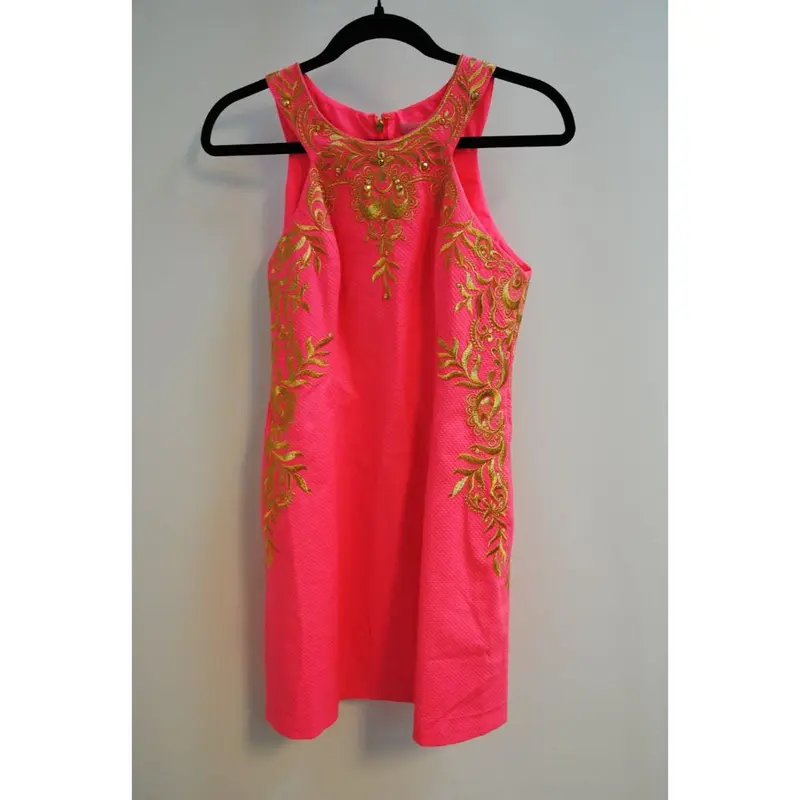 pink and gold Lilly Pulitzer Gold-Embroidered Shift Dress (, 2