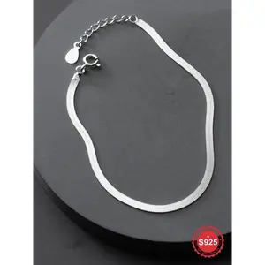 S925 Sterling Silver Flat Snake Bone Design Bracelet, with Heart End Plate, Fashion Jewelry for Party, Daily Clothing Decor, Trendy All-match & Exquisite Jewelry for Gift