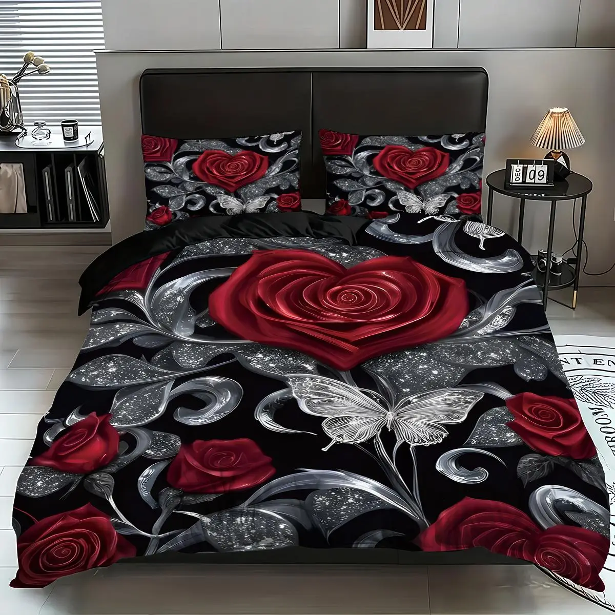 Rose & Butterfly Print Duvet Cover Set, 3 Counts/set Including 1 Duvet Cover & 2 Pillowcase without Filler, Soft Comfortable Bedding Set for Home Bedr