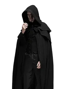 Men's Black Gothic Long Hooded Cape Medieval  Renaissance fair cosplay cloak Halloween vampire cloak with Lace Trim