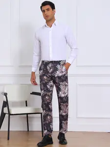 INSPIRE CHIC Purple Floral Pants Men Pattern Trousers Straight Leg Flat Front Flower Printed Pants