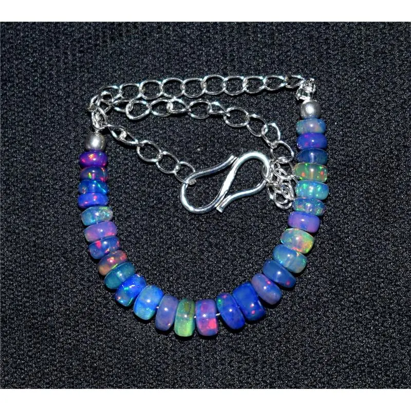 Solid 925 Sterling Silver Natural Ethiopian Opal Gemstone Beads 7"Bracelet F1922