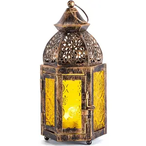 IMAGE Moroccan Hanging Candle Lanterns, 8.3x4 Inch Moroccan Birdcage Holders with Glass Creative Indoor/Outdoor Lighting for Wedding, Ramadan, Christmas, Patio, Garden, Home Tabletop Decor