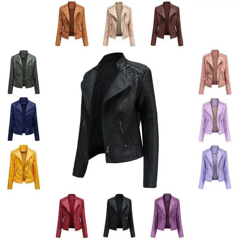 2025 Women's Fitted Faux Leather Textured Moto Short Jacket, Zip-up PU Biker Outerwear, Pocketed Pilot Tops for Sports & Outdoor Activities, Black
