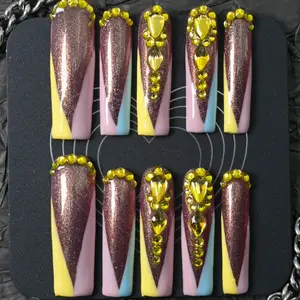 10 Pcs Of Handmade Press On Nails, Long Square Glitter Purple Nails, Color Block French & Shiny Yellow Rhinestone Nails, Acrylic, Reusable, Wholesale, Luxury & Dazzling, Suitable For Party/Wedding/Date/Stage Performance, Tools Are Random Color.