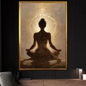 Golden Meditation Woman Canvas Painting - Spiritual Zen Wall Art, Ready to Hang, Mindfulness Gift for Yoga Studio or Calm Home Decor Artistic Cotton Print Artwork Matte Minimalist Ornaments Room Decoration Photo wall decor posters