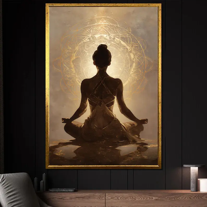 Golden Meditation Woman Retro Canvas Painting - Artistic Spiritual Zen Wall Artwork, Ready-to-Hang Cotton Photo Print, Matte Minimalist Decoration, Mindfulness Gift for Yoga Studio & Calm Room Home Decor, Kid Room, Eco-Friendly