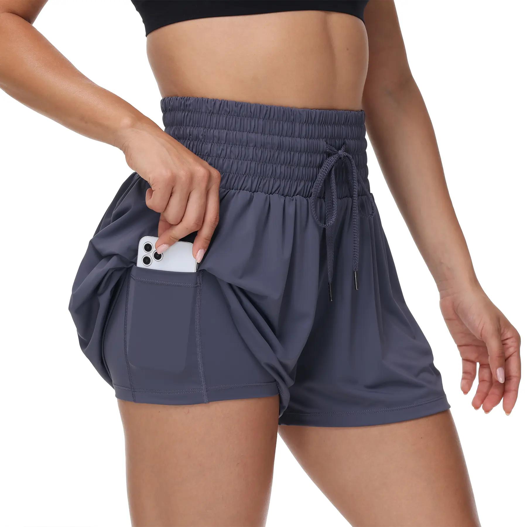 Women's High Waist  2-in-1 Flowy Athletic Shorts - Drawstring Running Shorts with Phone Pockets, Lightweight Tennis Golf Workout Preppy Shorts for Summer Casual Outfit