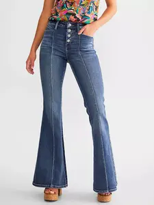 Women's High-Waisted Flared Jeans - Overall Piece, Button-Fly, White Piping, Retro Washed Craft, Fashionable for Personalized Outfits | Womenswear Bottoms