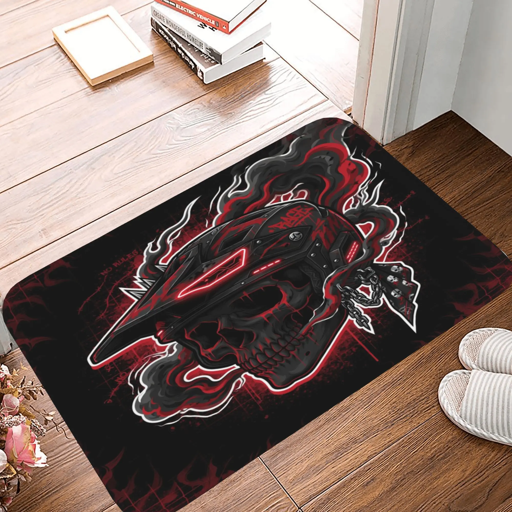Plaid Stripes Polyester Biker Skull Bath Mat - Rubber Base, Edgy Streetwear Look, Dynamic Smoke Design, Motorcycle Motif Rectangle Carpet for Garage, Man Caves, Home Bathroom Supplies