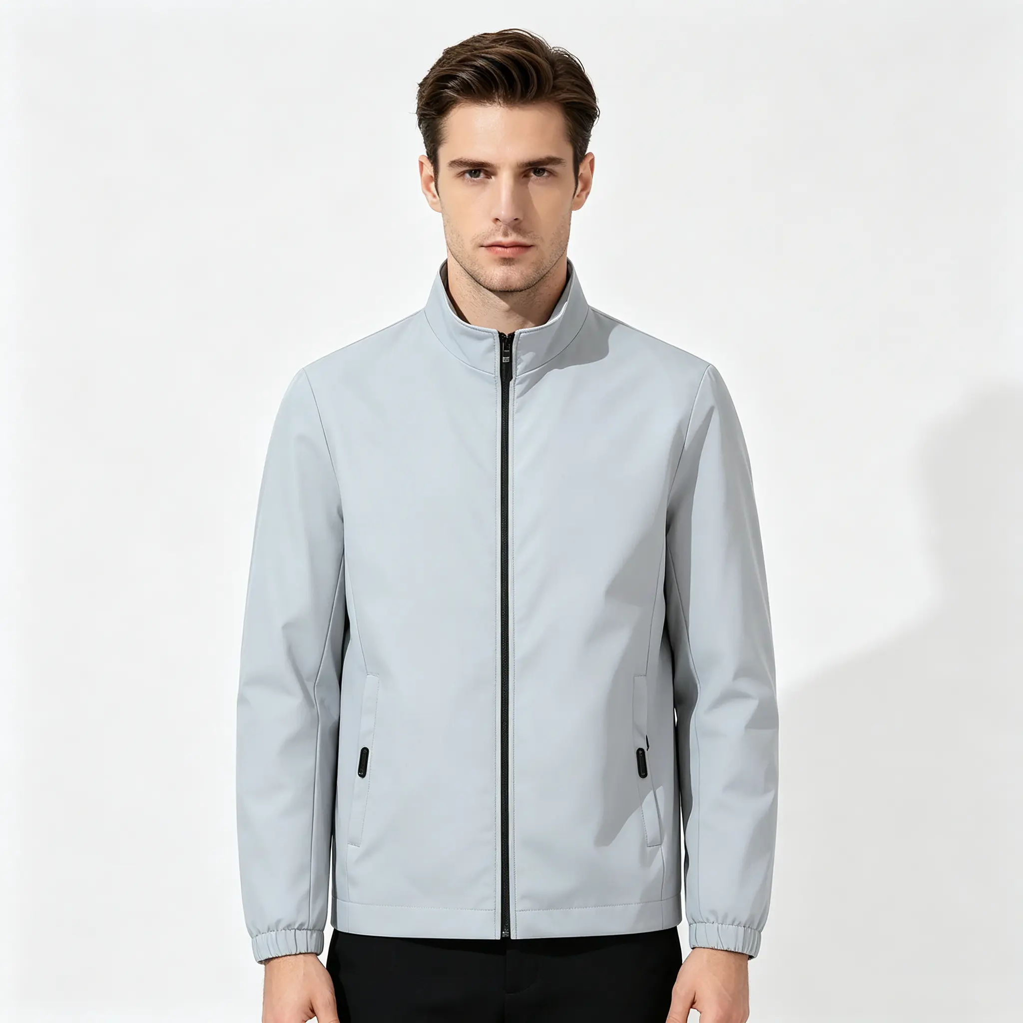 Men’s Modest Fashion Stand-Collar Lightweight Trench Coat - Zip-Front, Waterproof, Long-Sleeve Menswear Jackets, Plain Solid Color Casual Everyday Outerwear