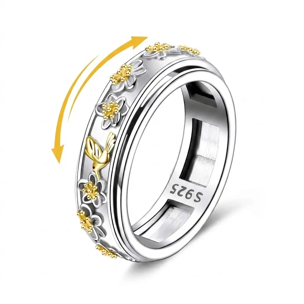 Anxiety Rings for Women and Men  S925 Silver Hummingbird Spinner Fidget Band Rings  for Stress Relief and Wedding Promise Comfort Fit Size 7 to 9