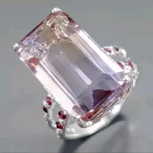 14k White Gold Plated Sterling Silver Natural 27ct Bi-Color Ametrine & Rhodalite Garnet Ring with Red Stones 7.5  6.8gtw