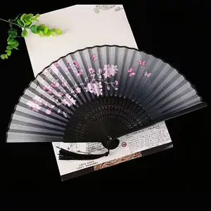 Bamboo Folding Fan, Random Bone, Vintage Cherry Blossom Pattern, Flower Design, Lightweight Handheld Fan for Hanfu Dance, Graduation Gift, Home Decor