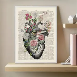 One Unframed Vintage Canvas Poster Featuring Human Anatomy of The Heart Adorned with Flowers, Ideal for Educational Purposes. This Creative Wall Art Piece Serves As a Poster And Print, Perfect for Decorating Spaces Such As Bedrooms, Offices