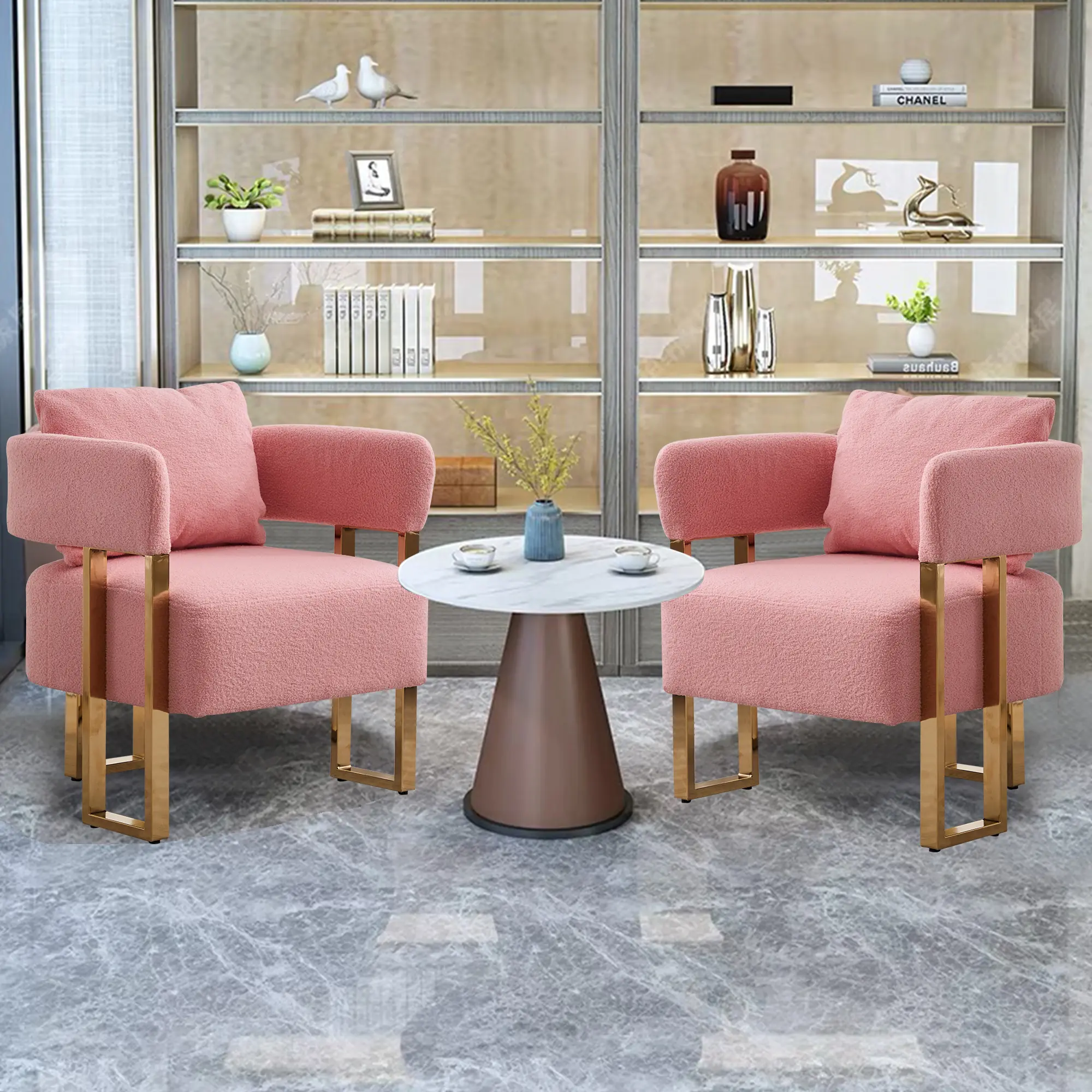 Modern Decorative Chair Set of 2, Living Room Side Chair with Gold Metal Legs, Suitable for Dressing Area, Reception Room, Office,Teddy Fleece Upholstered Metal Foot Sofas