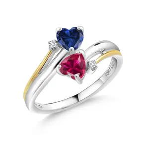 1.12 Cttw Blue Created Sapphire Red Created Ruby and Lab Grown Diamond 2 Heart Engagement Ring For Women | 925 Silver and 10K Yellow Gold | Available In Size 5, 6, 7, 8, 9