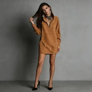 Women's Soft Suede Feel V Neck Mini Dress Loose Straight Long Sleeve Casual Boho Outfit, Vintage Faux Suede Fabric Dress for Fall & Winter, Comfortable Solid Color Pocket Dress