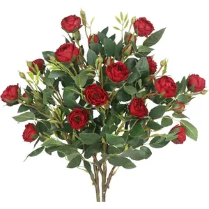 Artificial Flowers for Outdoors 2 Pcs Faux Roses for Outdoor Planters UV Resistant Red Fake Floral Bouquet Silk Flowers for Outside Front Door Garden Porch Patio Cemetery Yard Indoor Ho