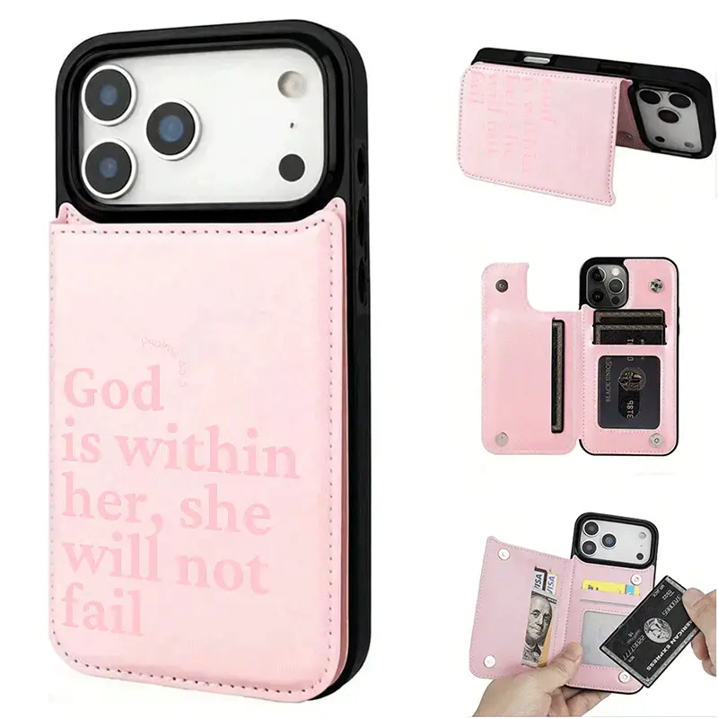 Phone Case: Pink God English/Wallet Card Holder, Phone Case with Credit Card Slot, for iPhone 17/17air 16/15Pro 14/13pro/12/11 ProMax/Xs/16Plus Cute Phone Case for ; Ladies and Girls Fashion Magnetic Hard Ca