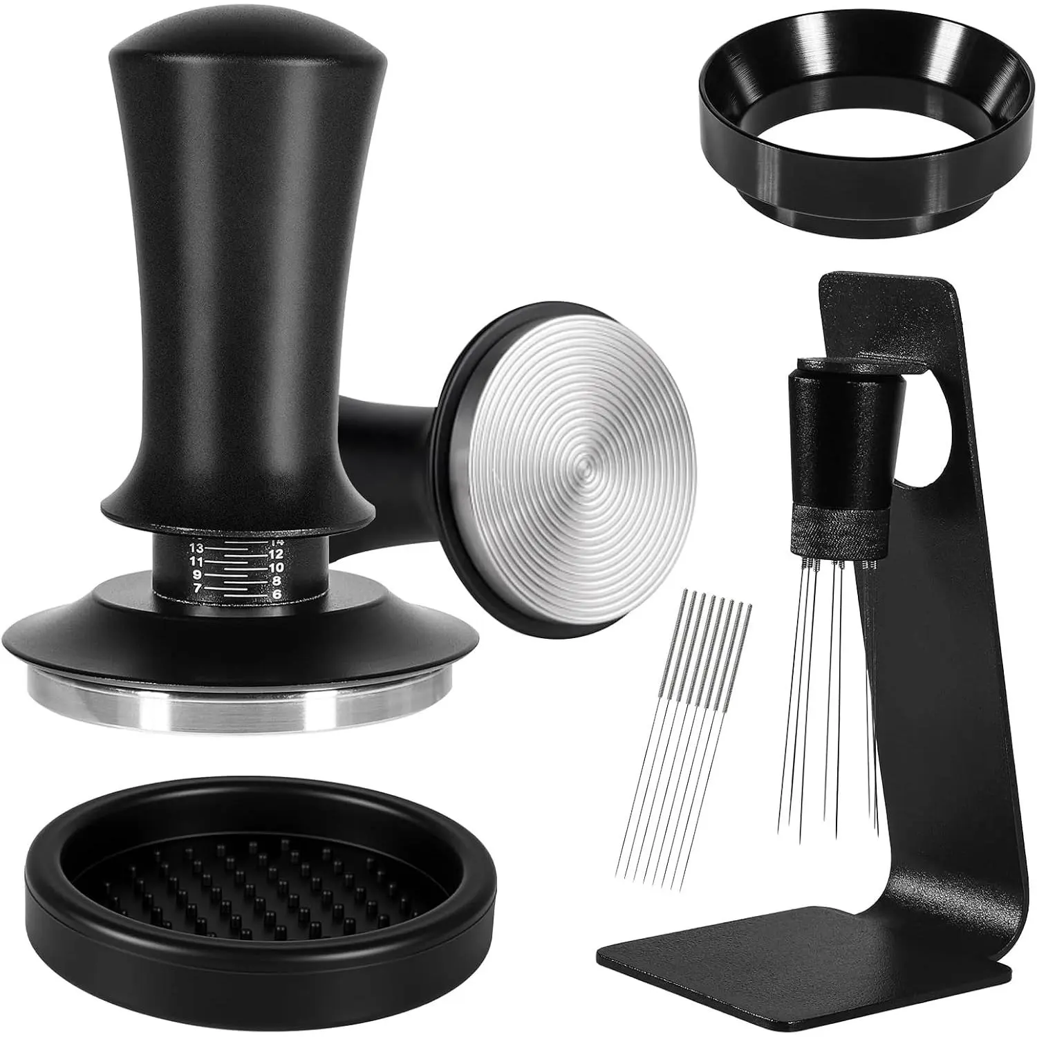 Espresso Accessories Kit 53.5mm, Coffee Tamper with Spring Loaded Calibration, WDT Tool and Dosing Funnel Set Fits Espresso Machine Press and 53mm Portafilters