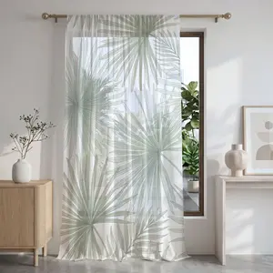 1Pc Palm Leaf Sheer Curtain, 2D line‑art print, minimalist tropical style. Delivers calm relaxing vibe, ideal for living room, bedroom, balcony, bay window, vacation house, rental makeover & 99+ scenarios.