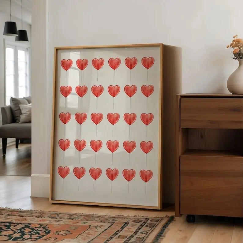 Printable Candy Heart Graphic Poster - Plaid, Polka Dot, Houndstooth, Herringbone, Marble Unframed Valentine's Day Mountable Paper Wall Art, Girly Home Decor Accent for Wardrobe & Kitchen Valentine's Party Gatherings