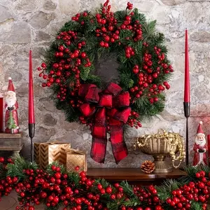 1pc 13.8" Unlit Plastic Classic Christmas Wreath - Wall Hanging Holiday Decor with Berries and Bow for Front Door, Outdoor, Indoor, Party, Home Decoration - No Feathers