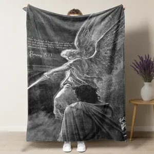 Romans 15:13 Flannel Blanket, Black & White Angel & Jesus Print, Ultra Soft Throw for Christian Encouragement