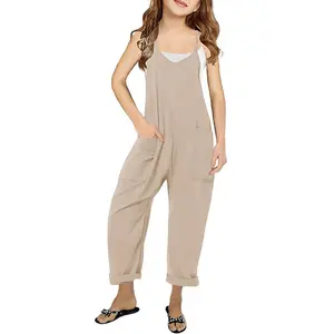 Girl's Casual Sleeveless Jumpsuits Spaghetti Straps Harem Long Overalls With Pockets