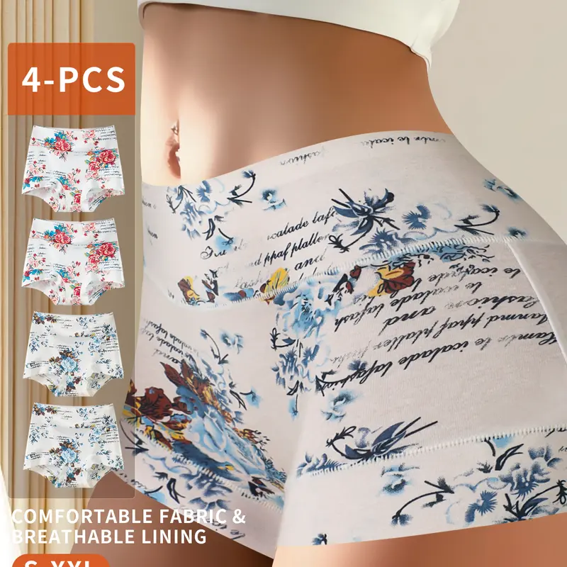 QUASTI Women's High-Waisted Comfortable Elegant Floral Panties, 4 Pcs/2 Mix Colors Soft Cotton Elastane Preppy Boy Shorts Set, Breathable Skin-Friendly Underwear for Daily Wear, Fits S-XXL