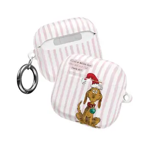 Cute Dog Christmas AirPods Case, Christian Quote Cover Psalm 46:5 God is within her, Cute Holiday Striped Design, Santa Hat Dog Gift, Faith Inspired Case for AirPods Pro/Pro 2, AirPods 1/2/3/4