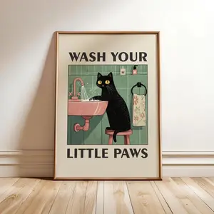 Wash Your Little Paws Poster, Wash Your Paws Cat Poster, Funny Bathroom Print, Black Cat Wall Art, Funny Toilet Poster, Poster Prints No Framed, Gifts For Cat Lovers