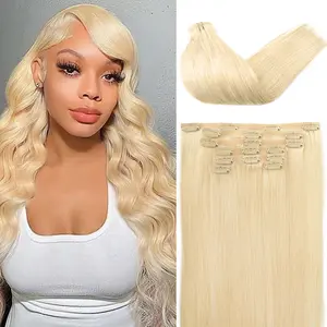 Hair Extensions Real Human Hair Clip ins Blonde Hair Extensions Highlight Seamless Clip in Human Hair Extension PU Skin Weft Add Volume 7PCS 120 G