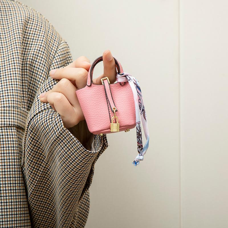 Mini Vegetable Basket Bag Pendant Keychain - High Quality Leather with Colorful Strap, Cute Car Keychain & Bag Charm Accessory