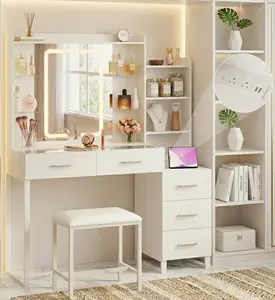 Vanity Desk with Mirror and LED Lights, 57.5" Makeup Vanity with Glass Top, Vanity with RGB Drawers, Power Outlet Safety Switch for Bedroom, White