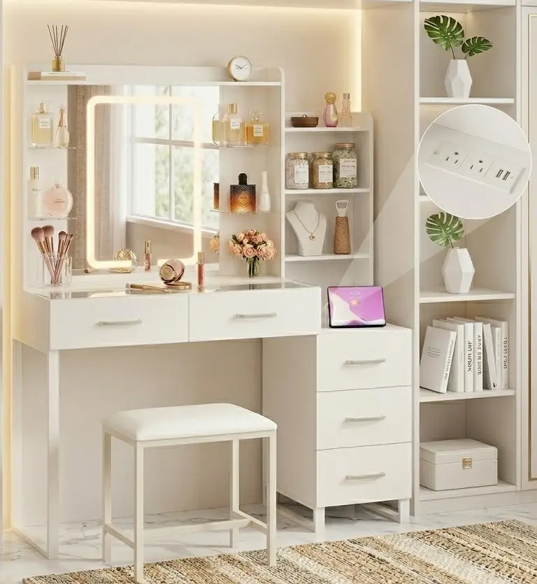 Vanity Desk with Mirror and LED Lights, 57.5" Makeup Vanity with Glass Top, Vanity with RGB Drawers, Power Outlet Safety Switch for Bedroom, White