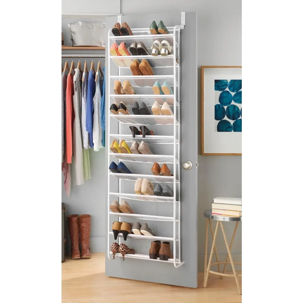 Over-the-Door Shoe Organizer for Home Supplies - Durable Storage Rack, Door Hanging & Wall-Mountable, Metal & Mesh Construction, Holds Up to 36 Pairs of Shoes, White