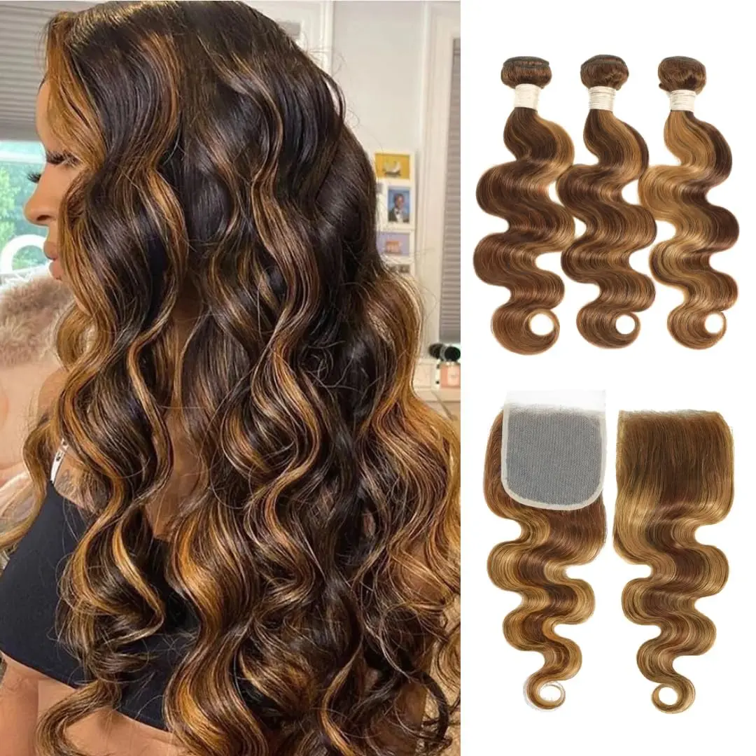 ANMETAN #P4/27 Honey Blonde Highlight Bundles With Closure Human Hair Body Wave, Balayage Ombre Brown 12A 100% Human Hair 3 Bundles and Transperant HD Lace Closure Free Part Baby Hair
